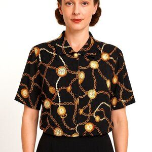 Vintage MAGGY LONDON Silk Blouse Gold Chain Pocket Watch Print